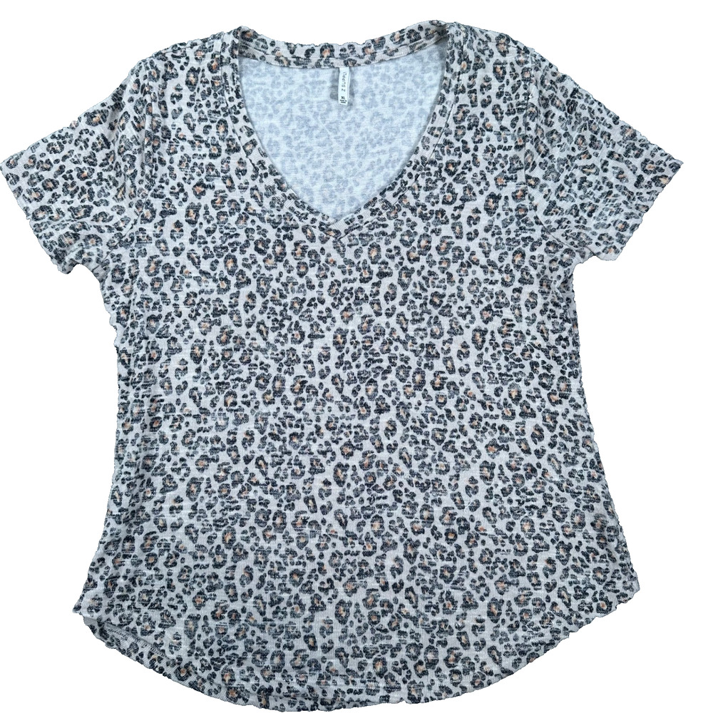 Z Supply Women's XL Animal Print Short Sleeve Tee Shirt V-Neck Beige Knit Shine